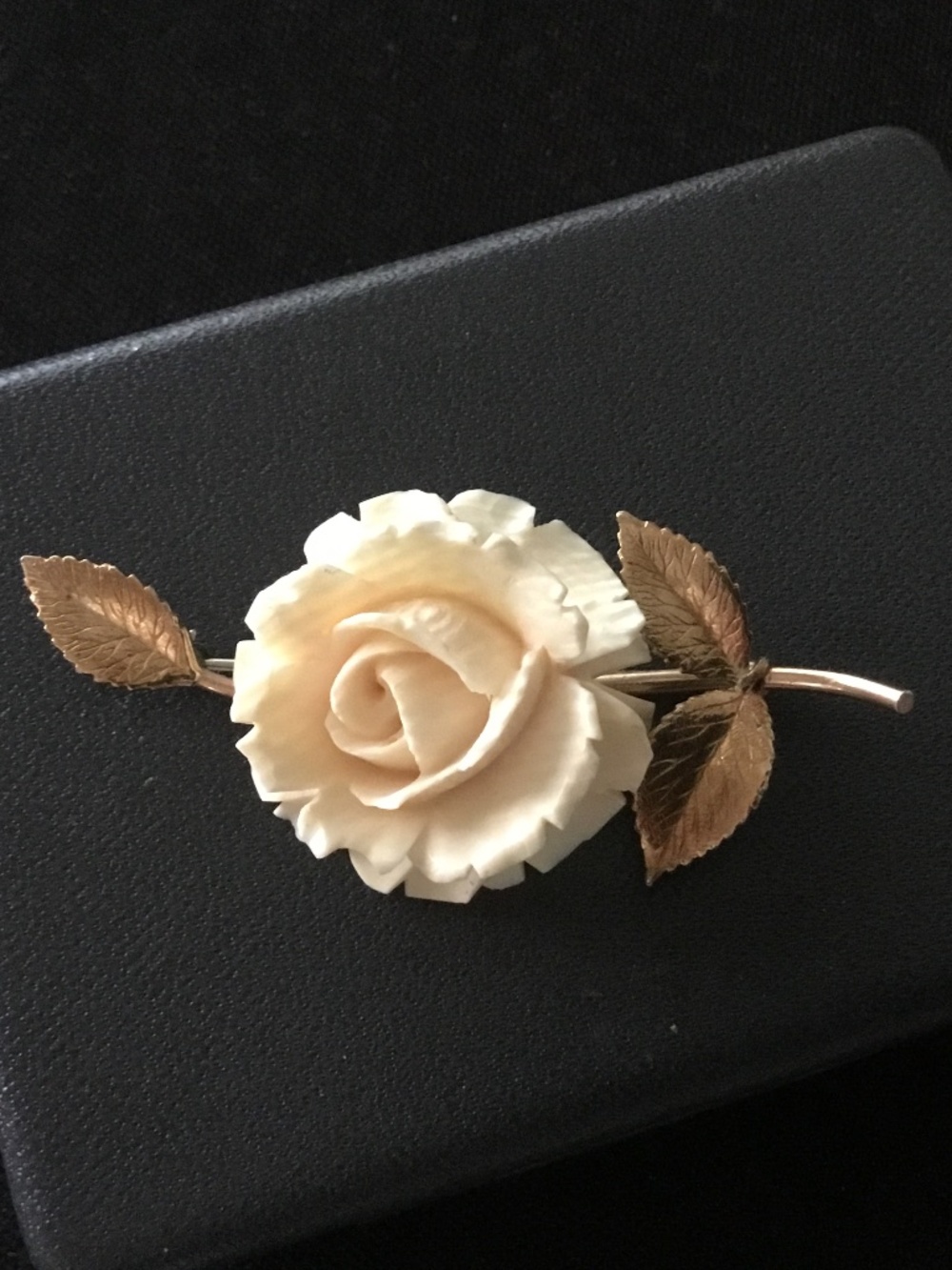 Vintage Krementz Cream carved celluloid rose brooch  with gold overlay leaves